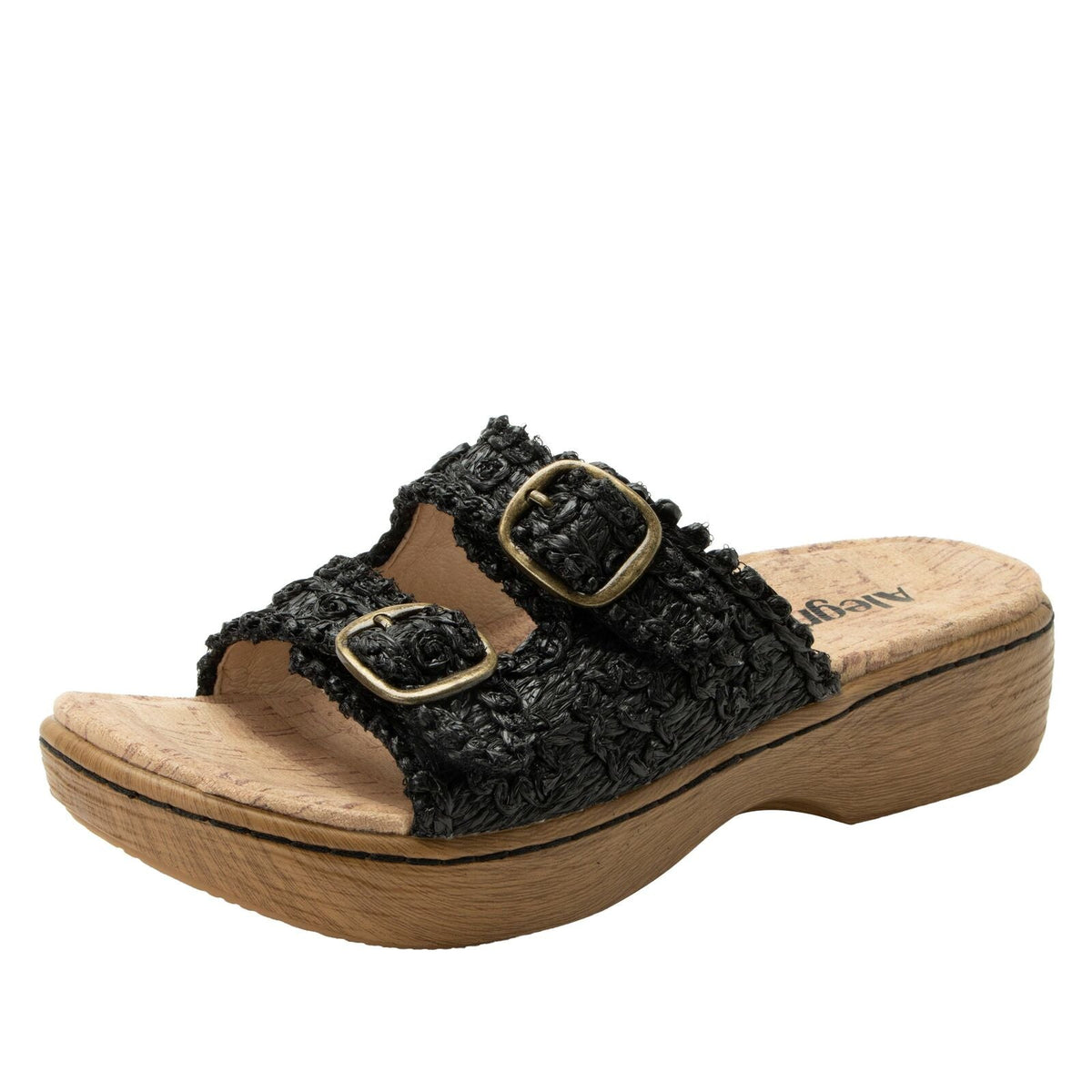 Alegria Oona Womens Slide Sandals Raffia Adjustable Comfort Non Slip 1.75" Heel in Black