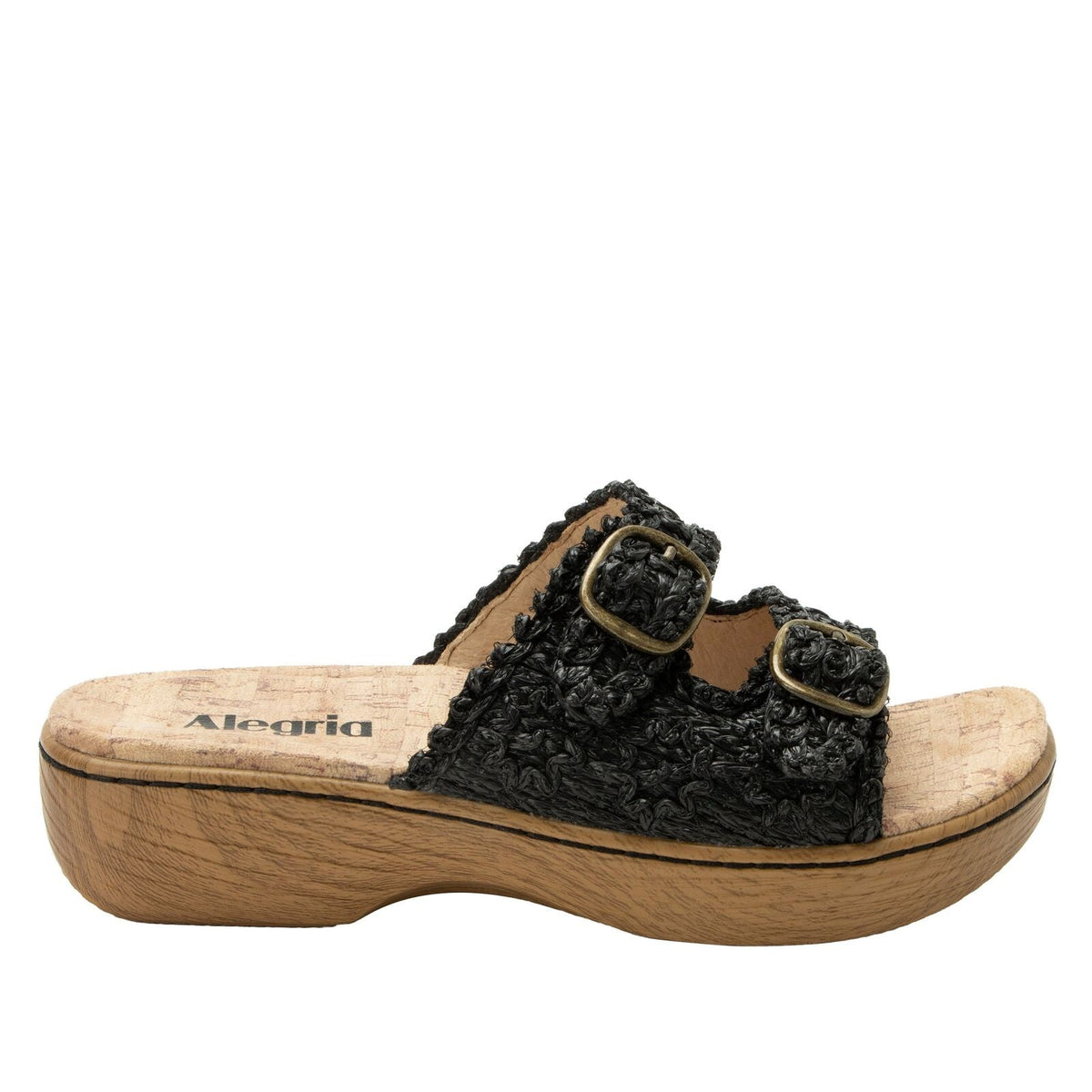 Alegria Oona Womens Slide Sandals Raffia Adjustable Comfort Non Slip 1.75" Heel in Black