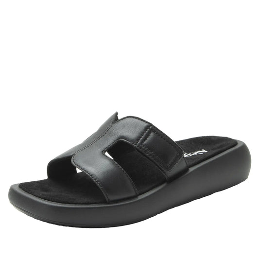 Alegria Portia Women’s Sandals Leather Adjustable Strap Comfort Slip-On in Black