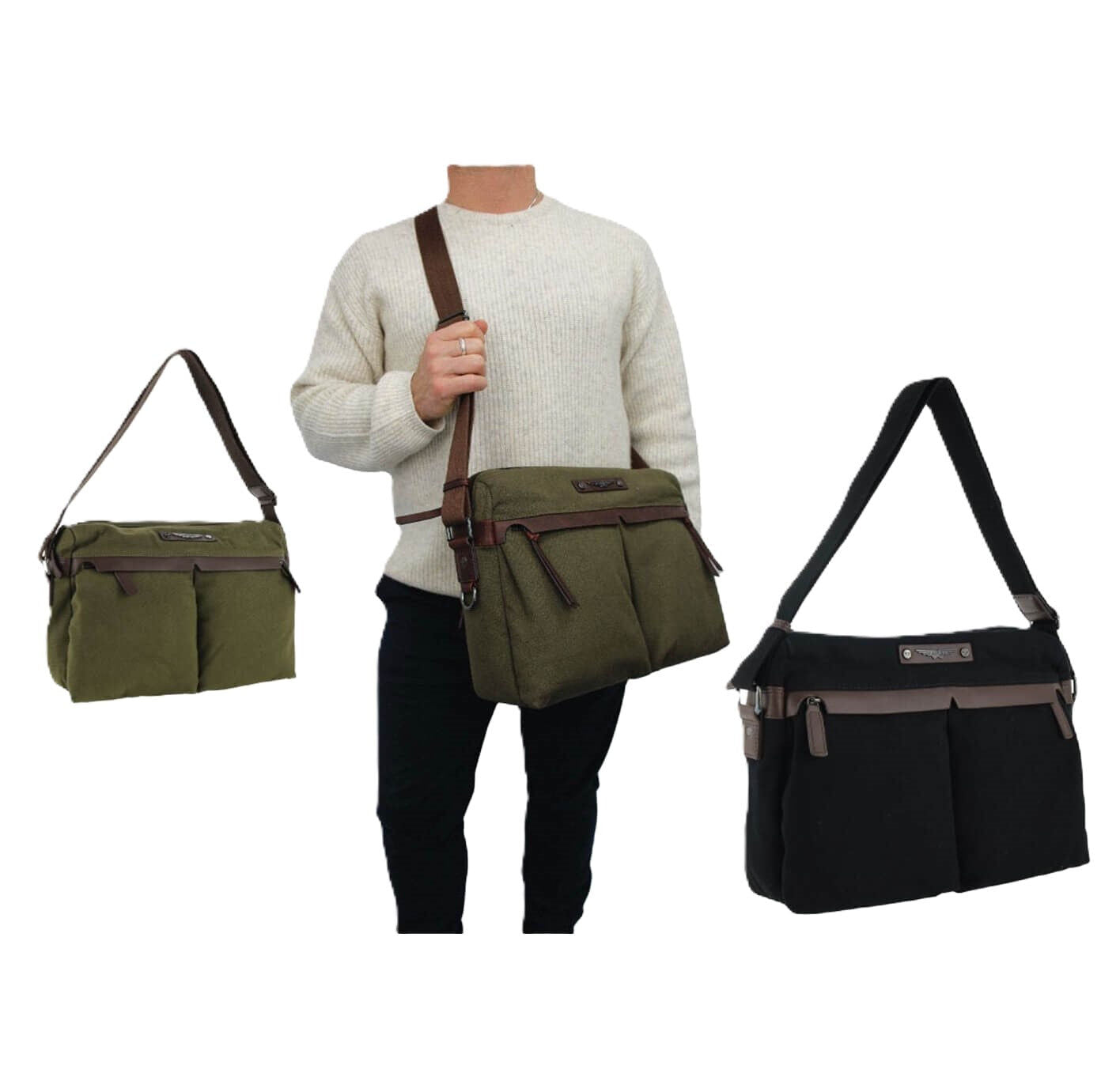 POLICE Wings Canvas Mens Messenger Business Bag w/ Laptop Computer Section in Black