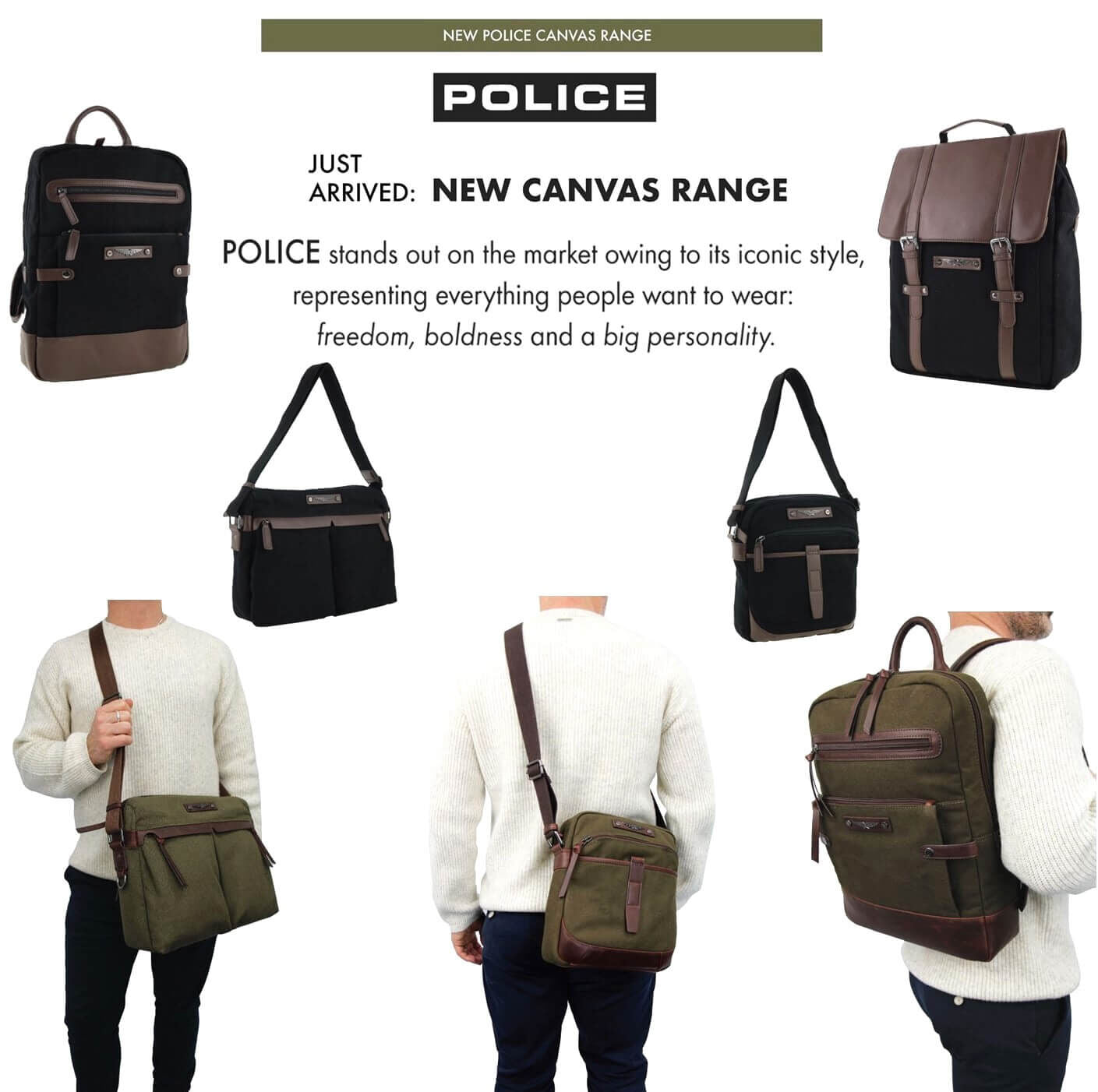 POLICE Wings Canvas Mens Messenger Business Bag w/ Laptop Computer Section in Black