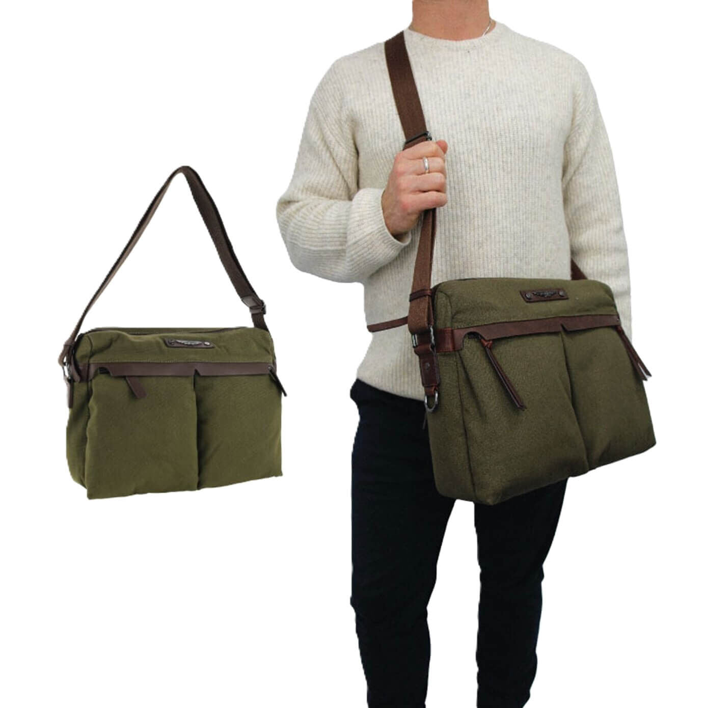POLICE Wings Canvas Mens Messenger Business Bag w/ Laptop Computer Section in Dark Olive-4