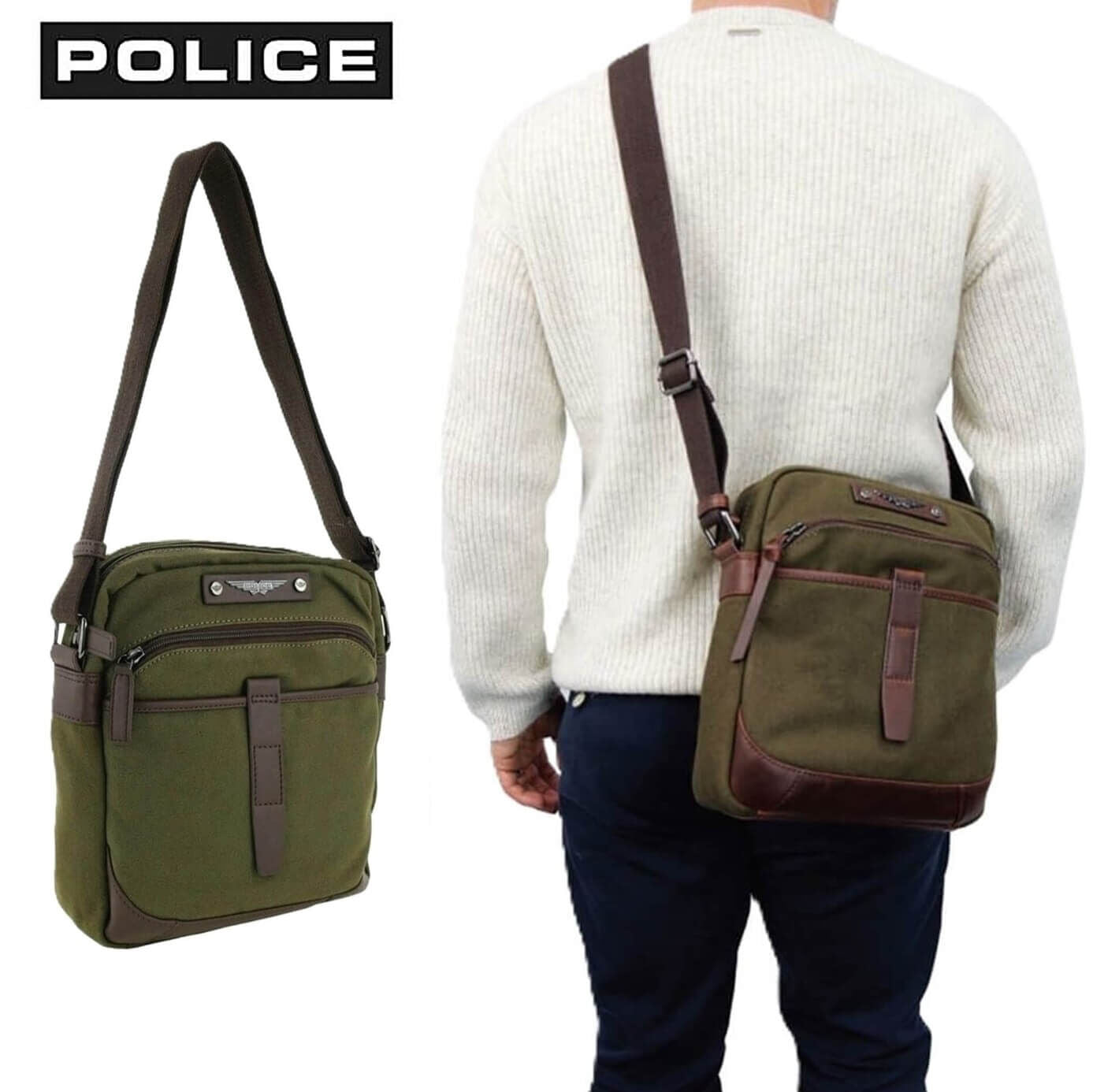 POLICE Wings Mens Canvas Crossbody Bag in Dark Olive