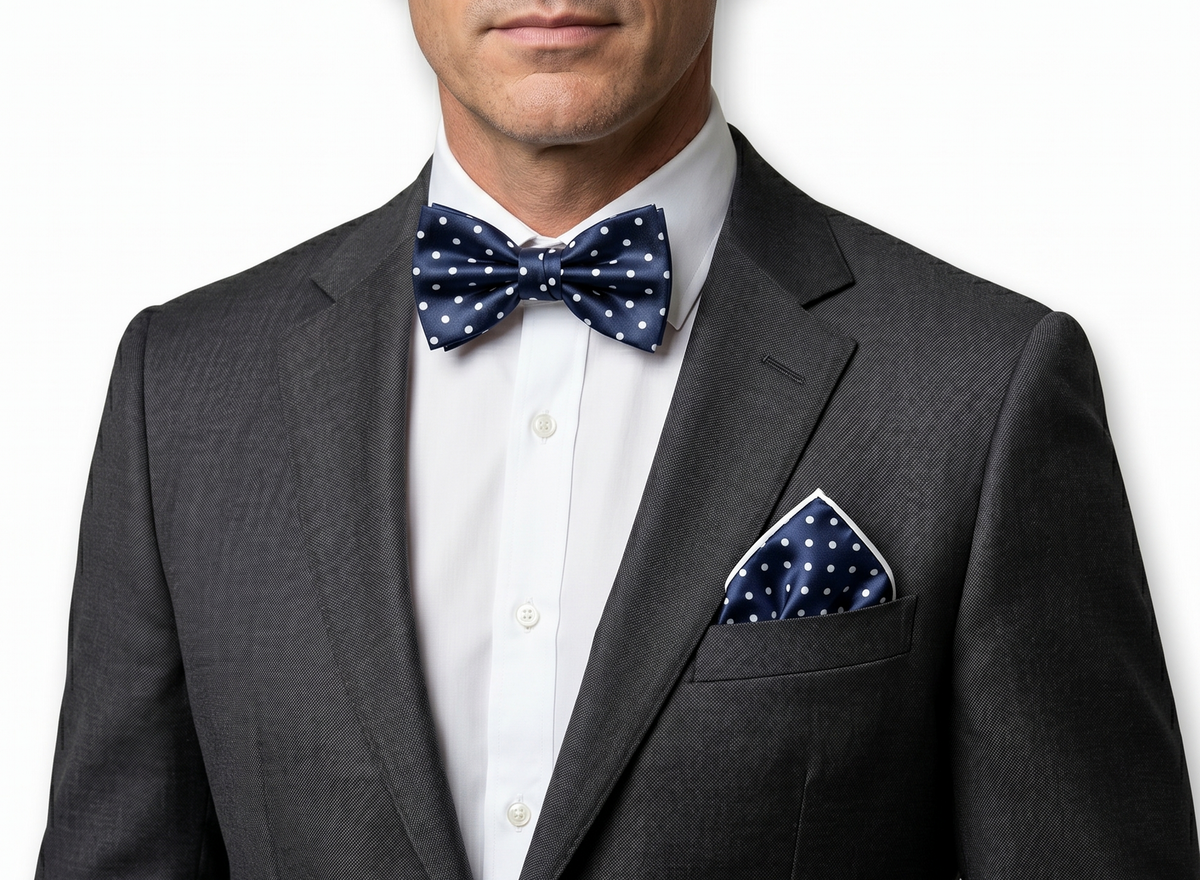 Formalaties Luxury Satin Polka Dot Bow Tie & Pocket Square in Navy/White (Set of 2)