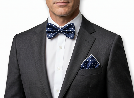 Formalaties Luxury Satin Polka Dot Bow Tie & Pocket Square in Navy/White (Set of 2)