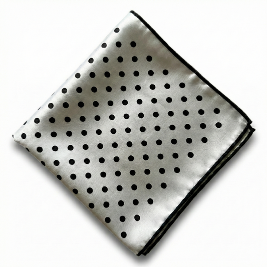Formalaties Luxury Satin Polka Dot Hank Pocket Square Handkerchief in Silver/Black
