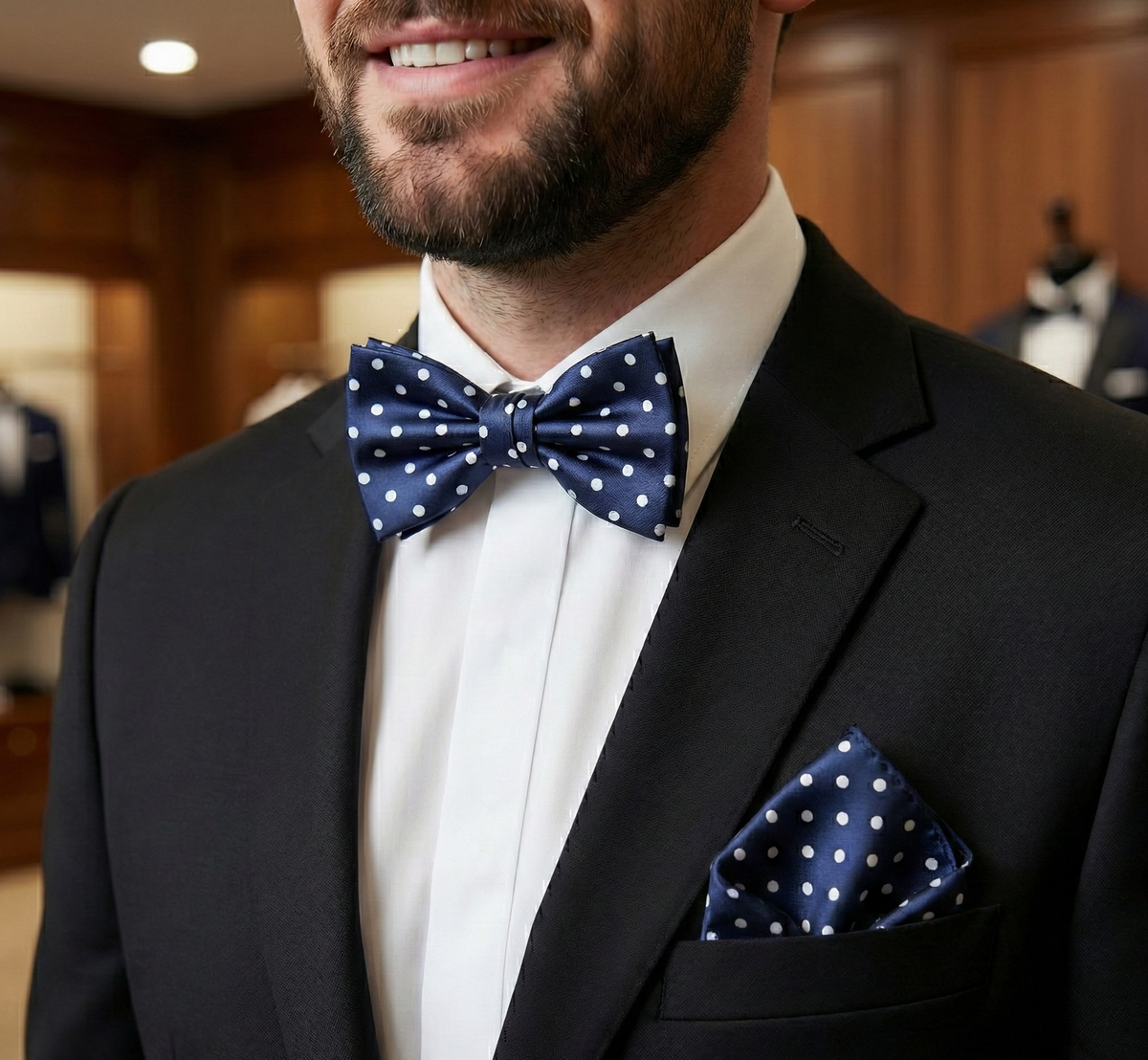 Formalaties Luxury Satin Polka Dot Hank Pocket Square & Bow Tie in Navy/White