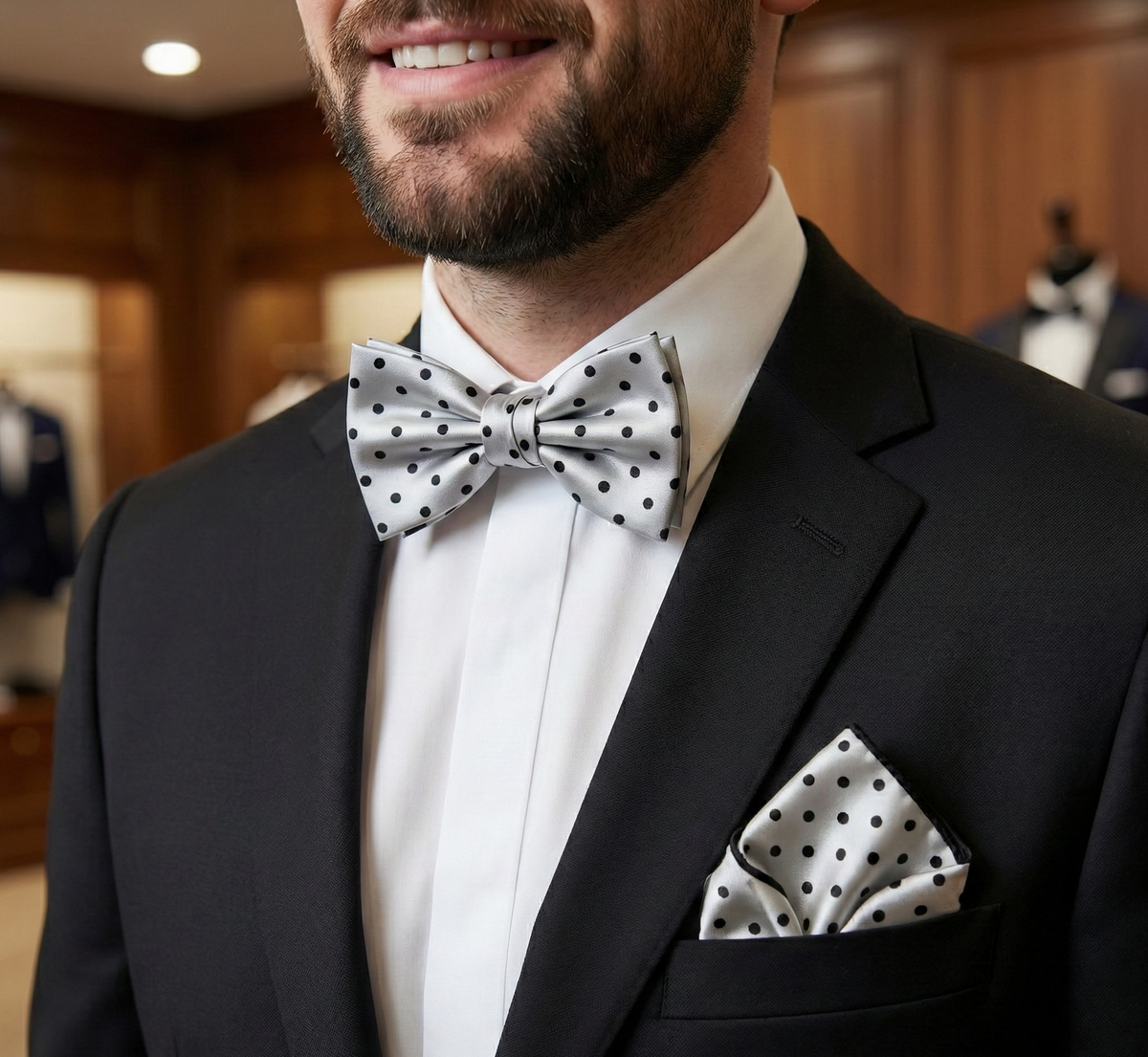 Formalaties Luxury Satin Polka Dot Hank Pocket Square & Bow Tie in Silver/Black