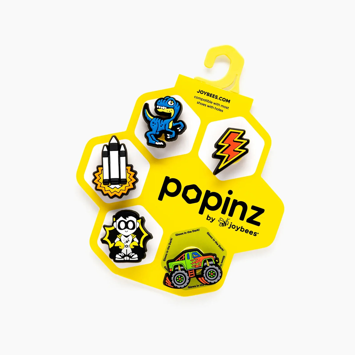 Joybees Popinz 5 Pack Shoe Charms Kids Superhero Dinosaur Monster Truck Space Theme in Lil Buddies