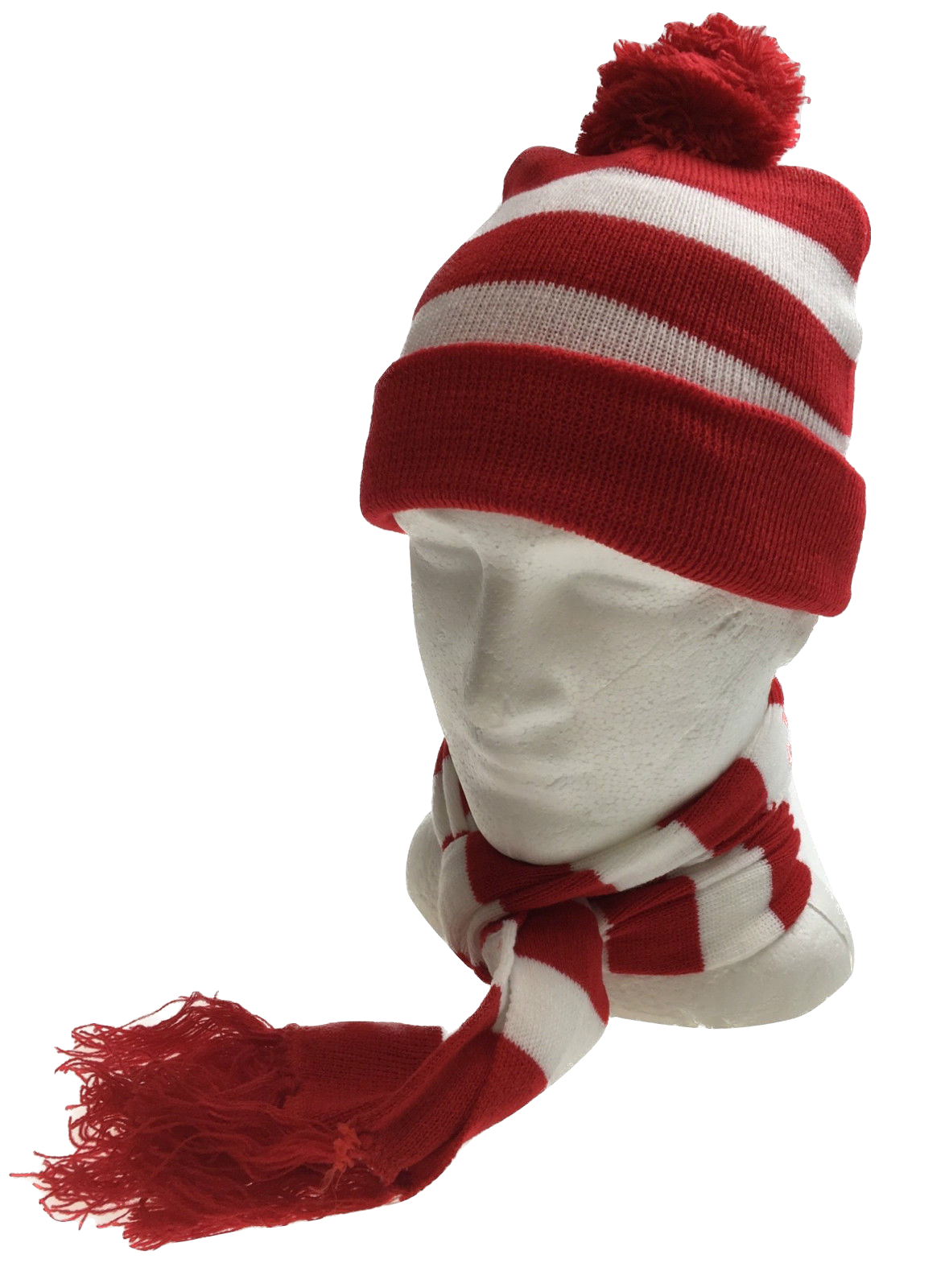 Red White Stripe BEANIE & SCARF SET Hat Where's Wally Waldo Costume Ski Winter Cap-1