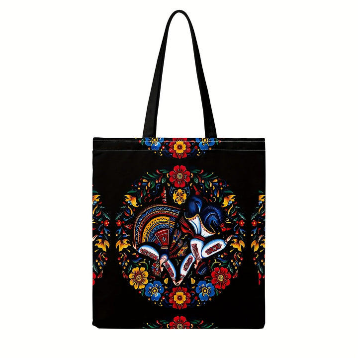 Ukrainian Floral Print Tote Bag - Black with Colourful Ethnic Pattern & Fixed Shoulder Straps