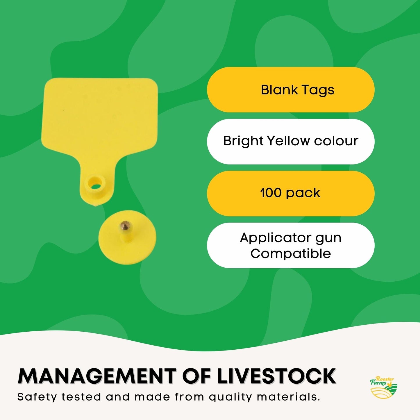 Rooster Farms 100x Cattle Ear Tags 6x7cm Livestock Set - Blank Yellow-2