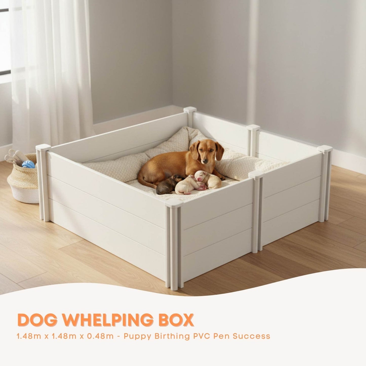Rooster Farms 1.48m PVC Dog Whelping Box Puppy Birthing Pen - Anti-Crush Rail-1
