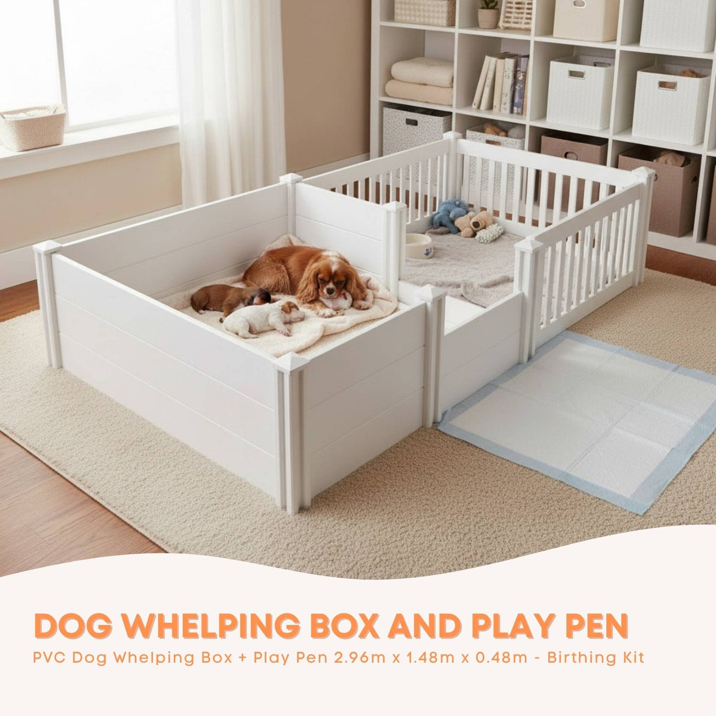 Rooster Farms 2.96m x 1.48m PVC Dog Whelping Box + Playpen Kit - Anti-Crush Rail-1