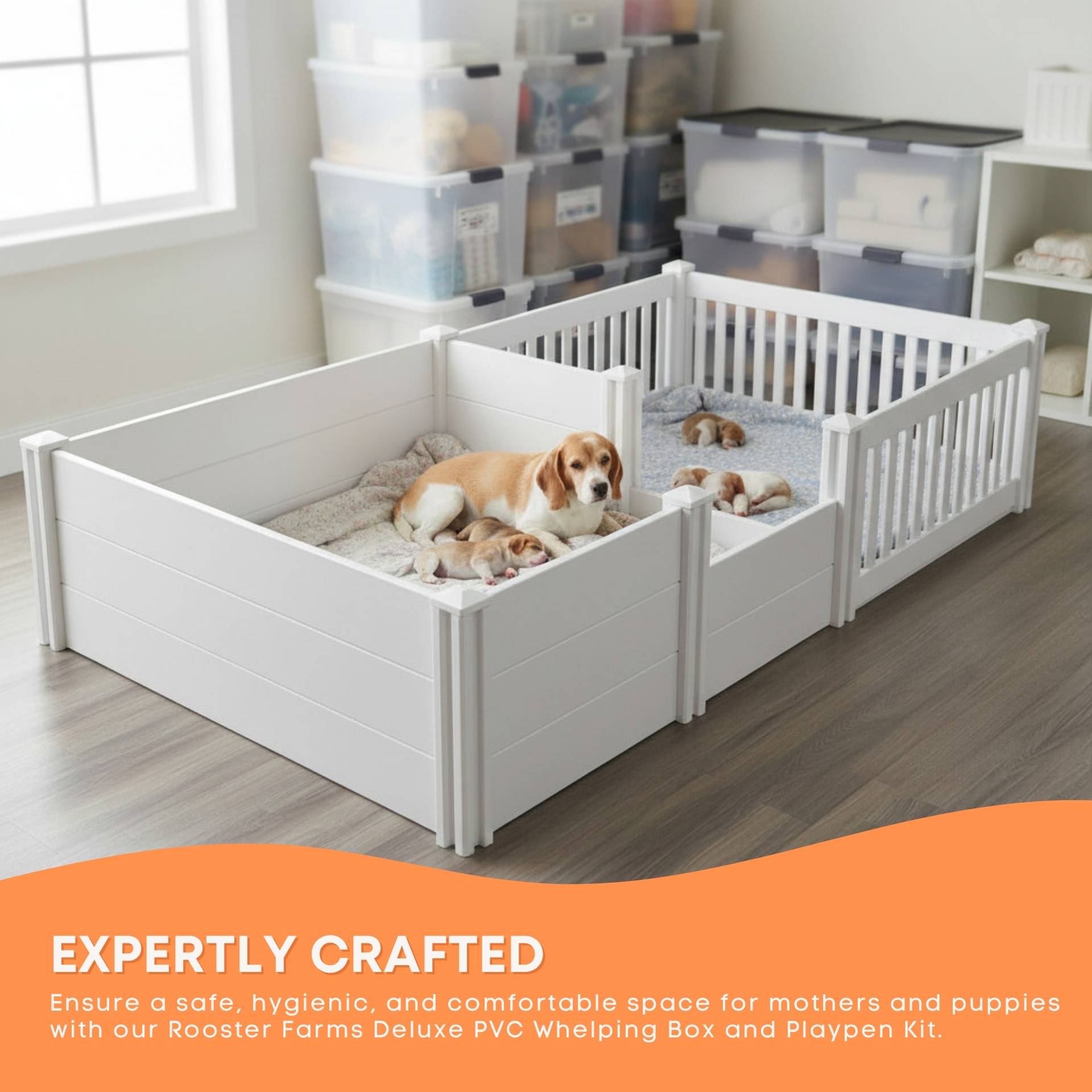 Rooster Farms 2.96m x 1.48m PVC Dog Whelping Box + Playpen Kit - Anti-Crush Rail-2