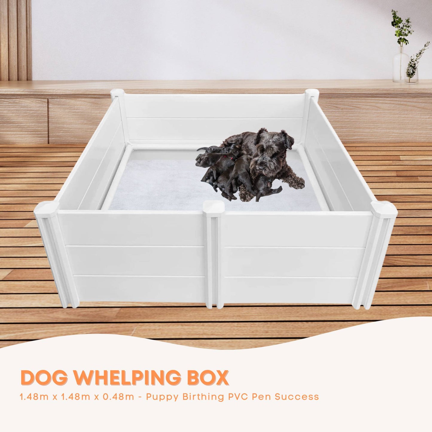 Rooster Farms Dog Whelping Box 1.48m x 1.48m x 0.48m - Puppy Birthing PVC Pen-1