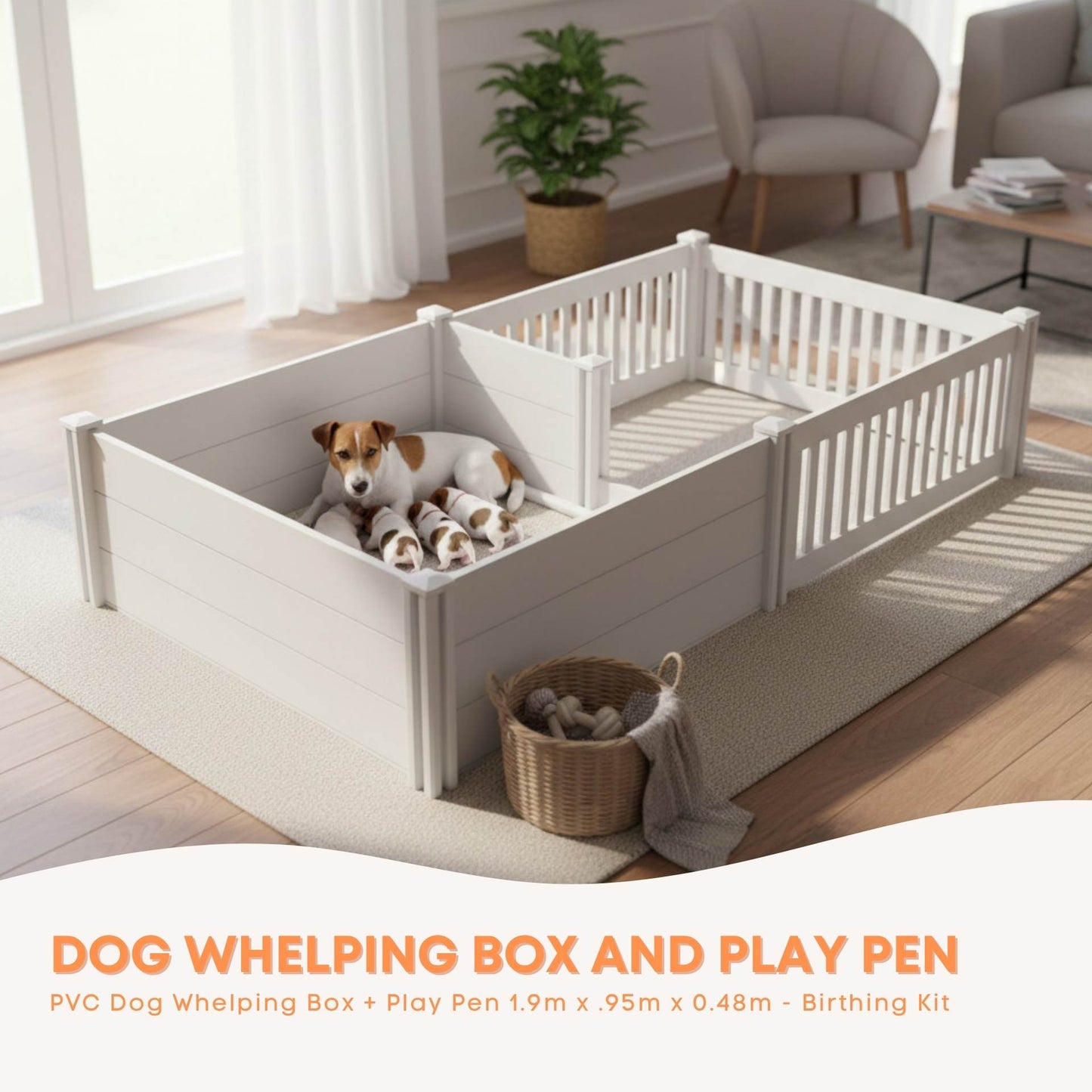 Rooster Farms PVC Dog Whelping Box + Play Pen 1.9m x .95m x 0.48m - Birthing Kit-1