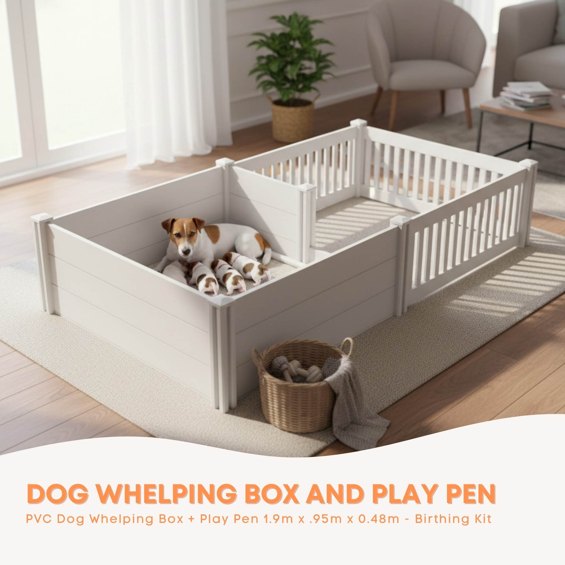Rooster Farms PVC Dog Whelping Box + Play Pen 1.9m x .95m x 0.48m - Birthing Kit-1