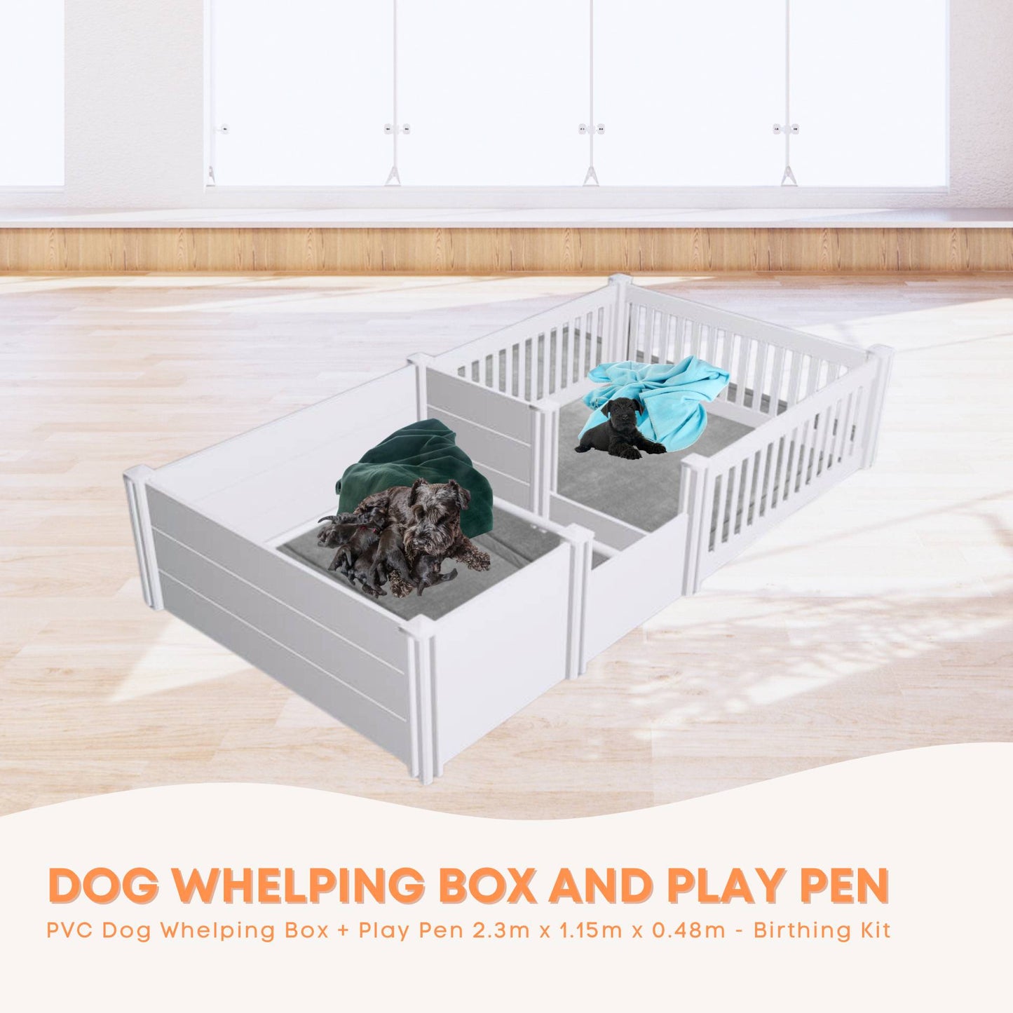 Rooster Farms PVC Dog Whelping Box + Play Pen 2.30m x 1.15m x 0.48m - Birthing Kit-1