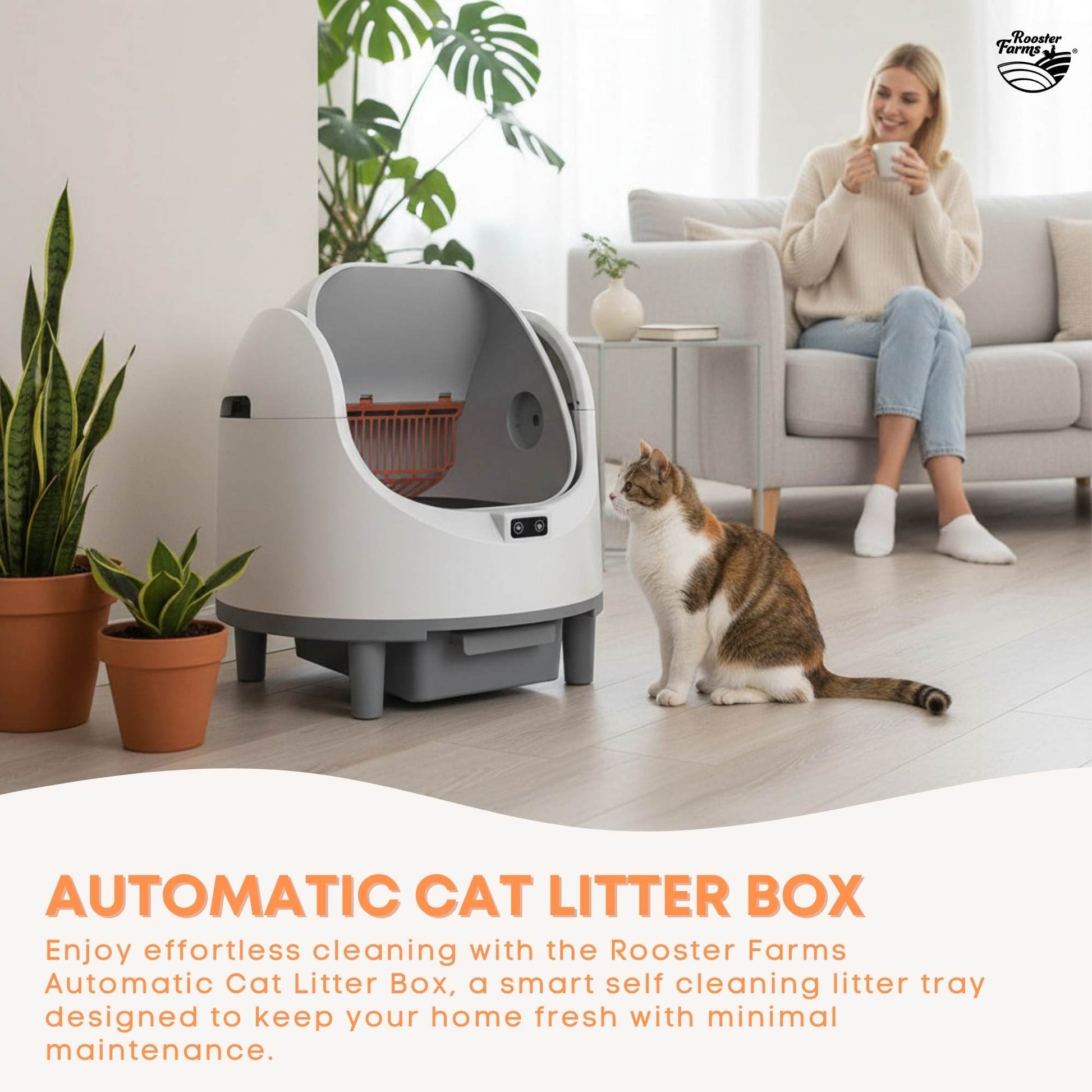 Rooster Farms Smart Cat Litter Box Automatic WiFi Self Cleaning Tray 68L-1