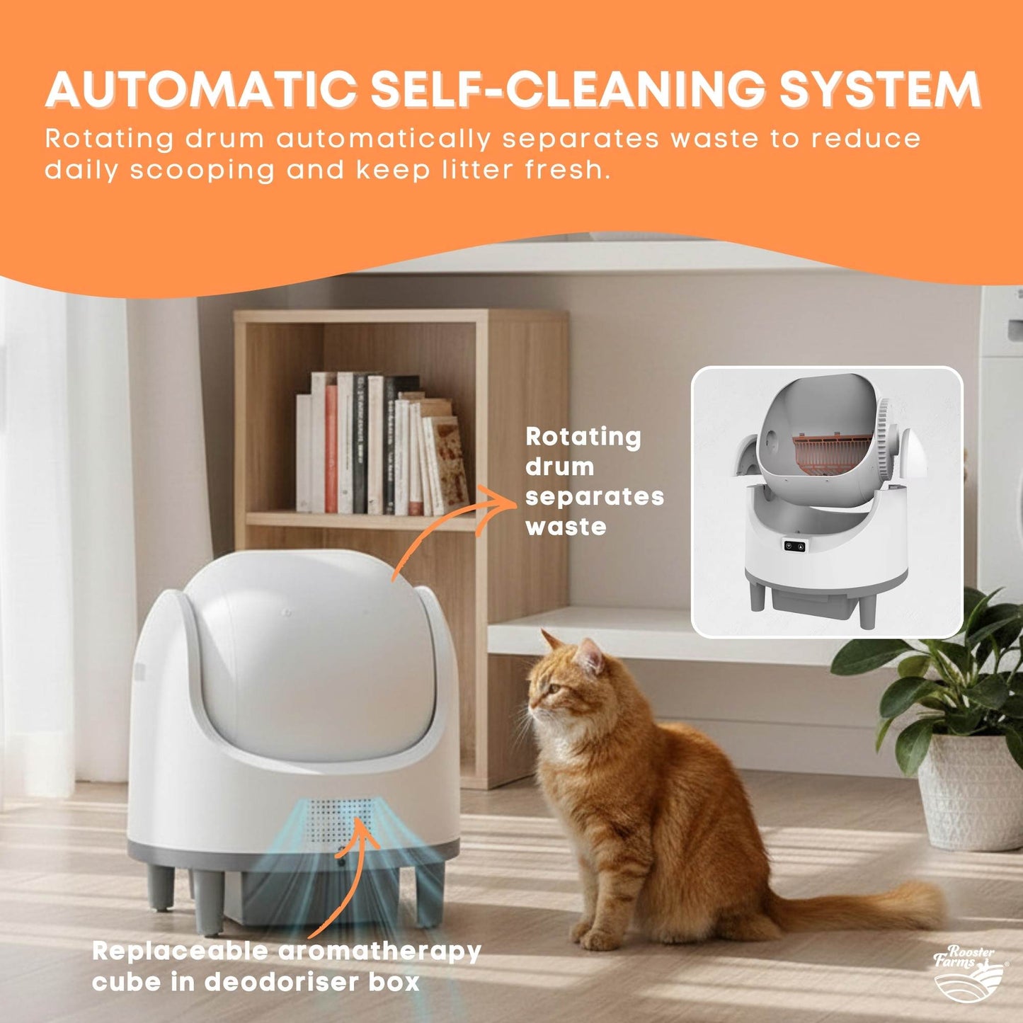 Rooster Farms Smart Cat Litter Box Automatic WiFi Self Cleaning Tray 68L-2