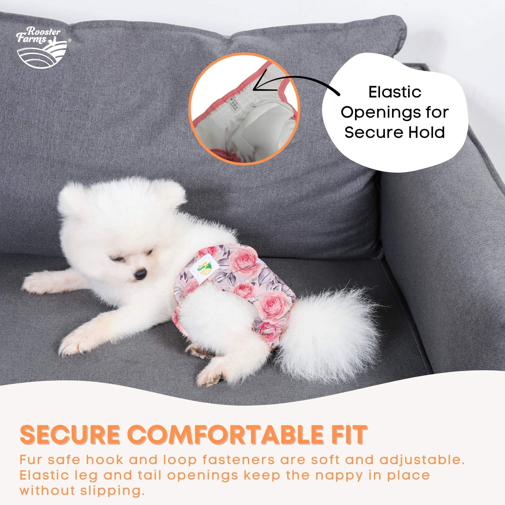 Rooster Farms Female Dog Diapers Small 3Pk - Washable Reusable Nappies Hook/Loop-2