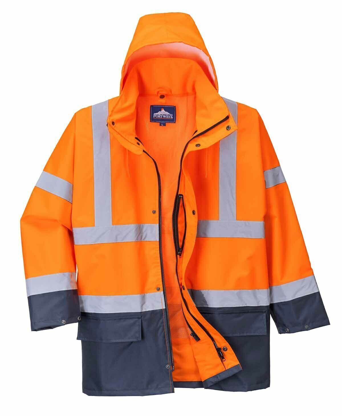 Portwest Hi-Vis Safety Workwear Waterproof Rain Jacket Coat 5-in-1 Two Tone - Orange/Navy-6