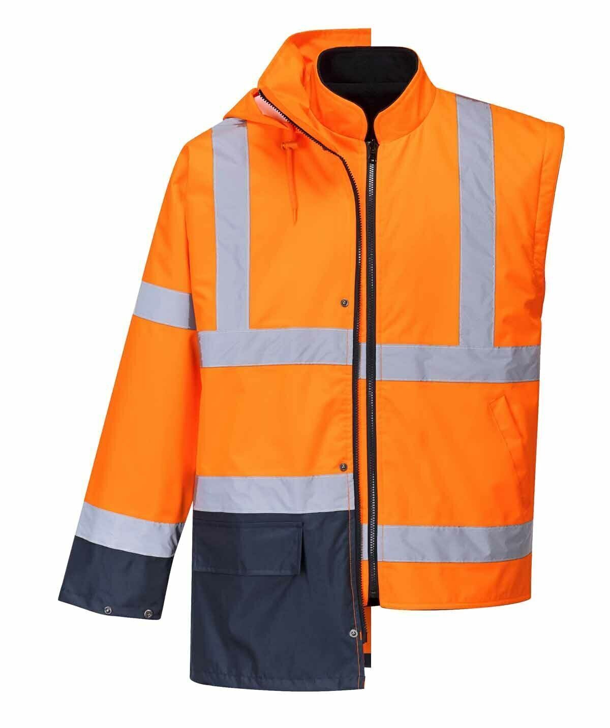 Portwest Hi-Vis Safety Workwear Waterproof Rain Jacket Coat 5-in-1 Two Tone - Orange/Navy-3