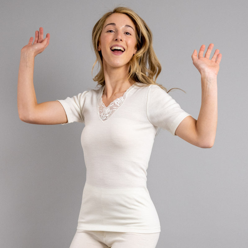 Thermo Fleece® Ladies Short Sleeve Thermal Top T Shirt w/Lace Motif - Natural-3