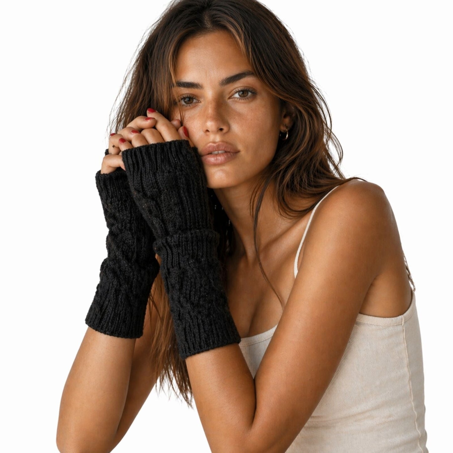 Womens Fingerless Arm Warmers Knitted 20cm Short Gloves Winter  -  Random Colour