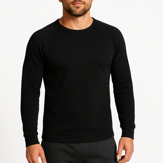 Mens Cotton Raglan Long Sleeve Thermal Top -  Base Layer Crew Neck - Black-0