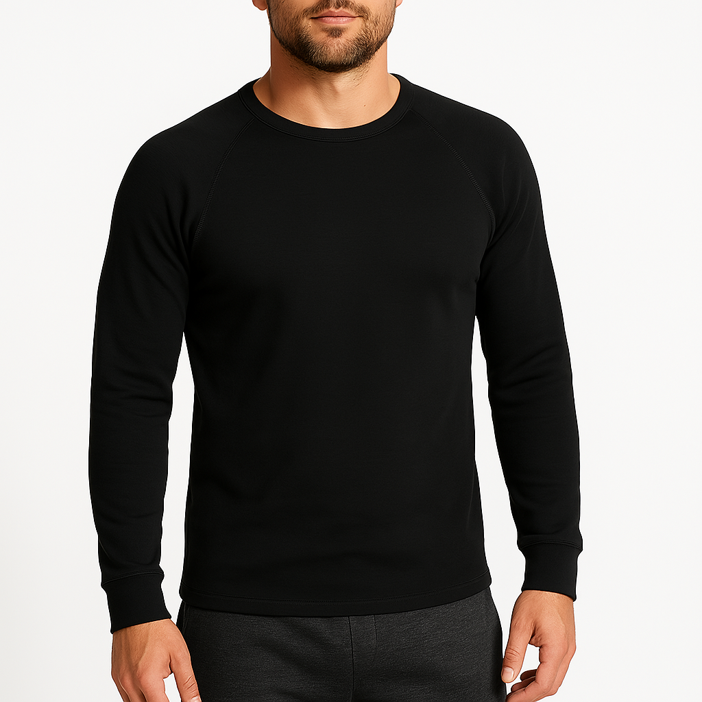 Mens Cotton Raglan Long Sleeve Thermal Top -  Base Layer Crew Neck - Black-1