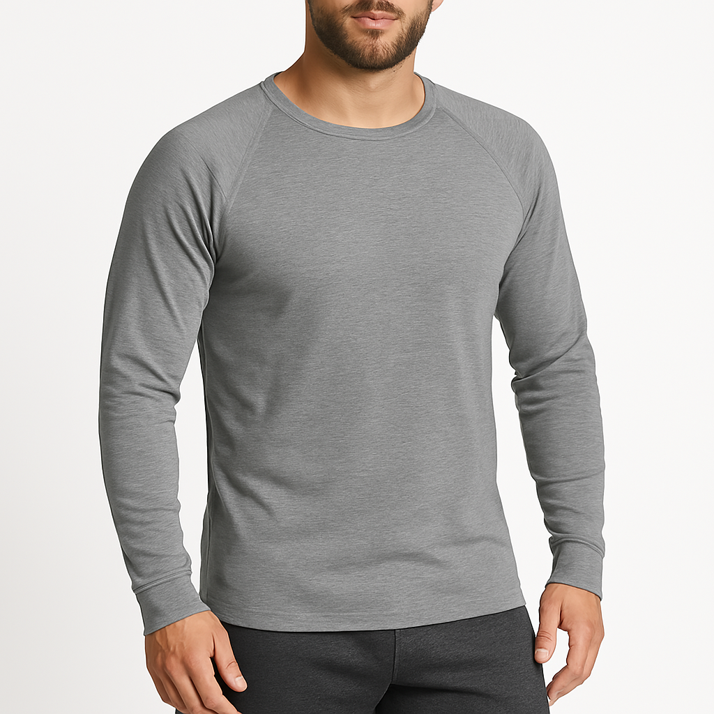 Mens Cotton Raglan Long Sleeve Thermal Top -  Base Layer Crew Neck - Grey-0