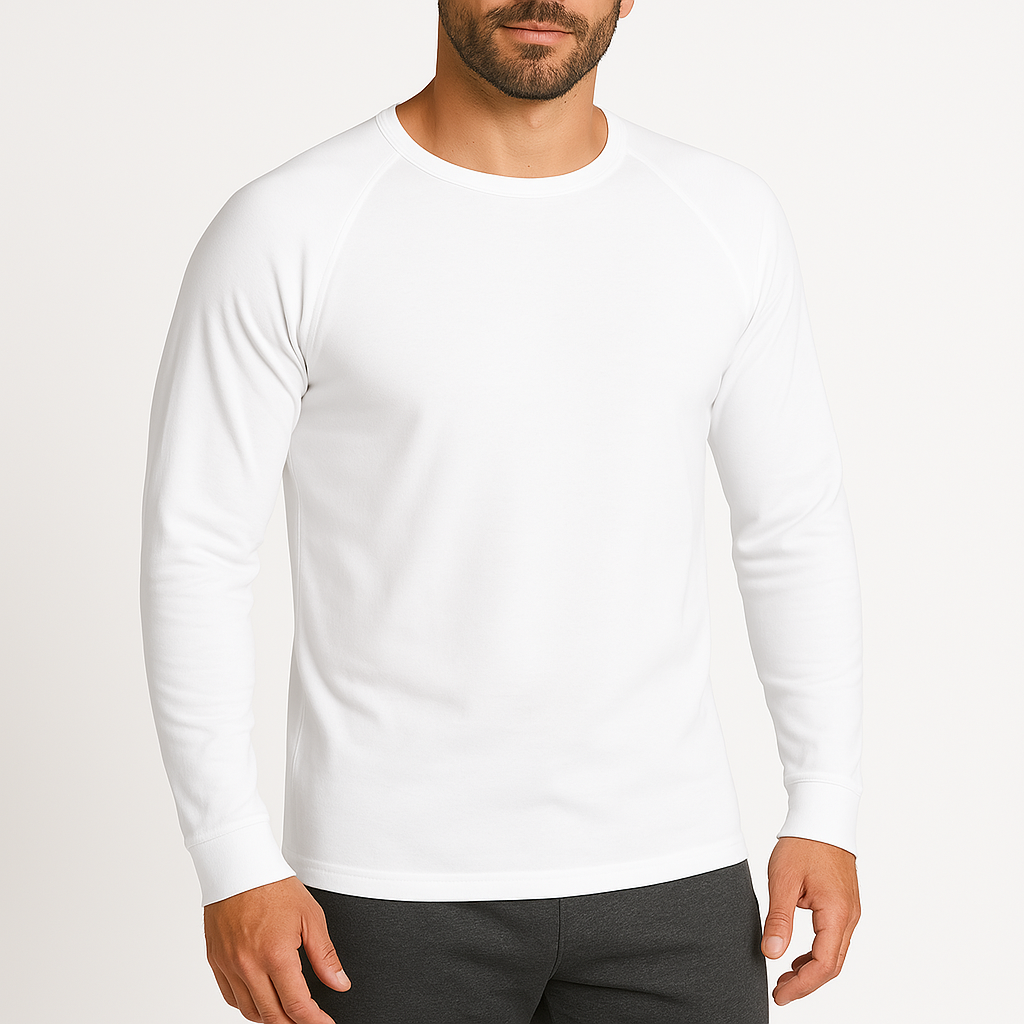 Mens Cotton Raglan Long Sleeve Thermal Top -  Base Layer Crew Neck - White-0