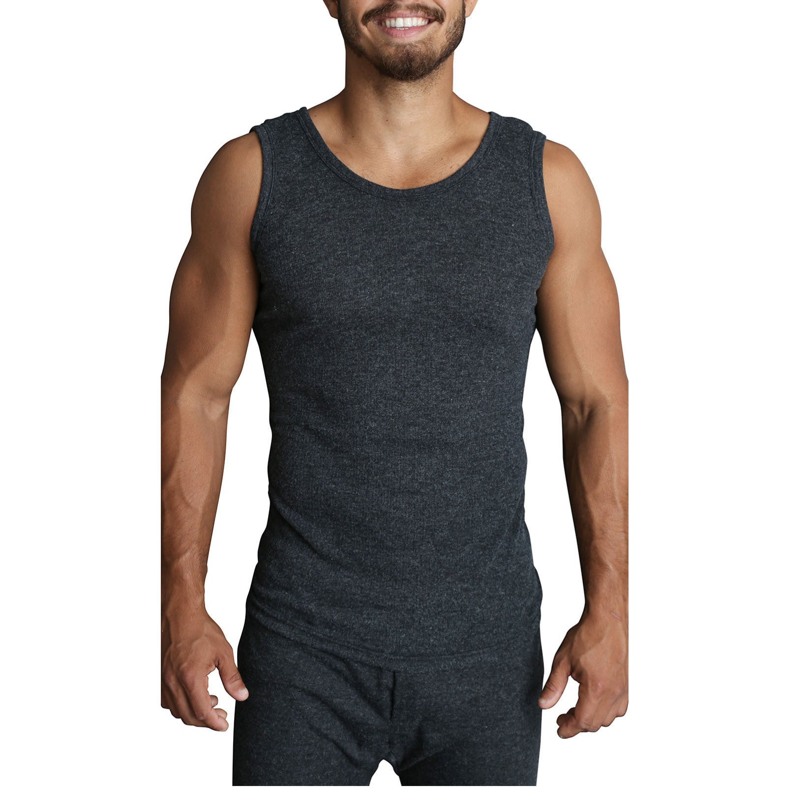 Mens THERMAL Merino Wool Blend Singlet Top Sleeveless Warm Underwear - Black-0