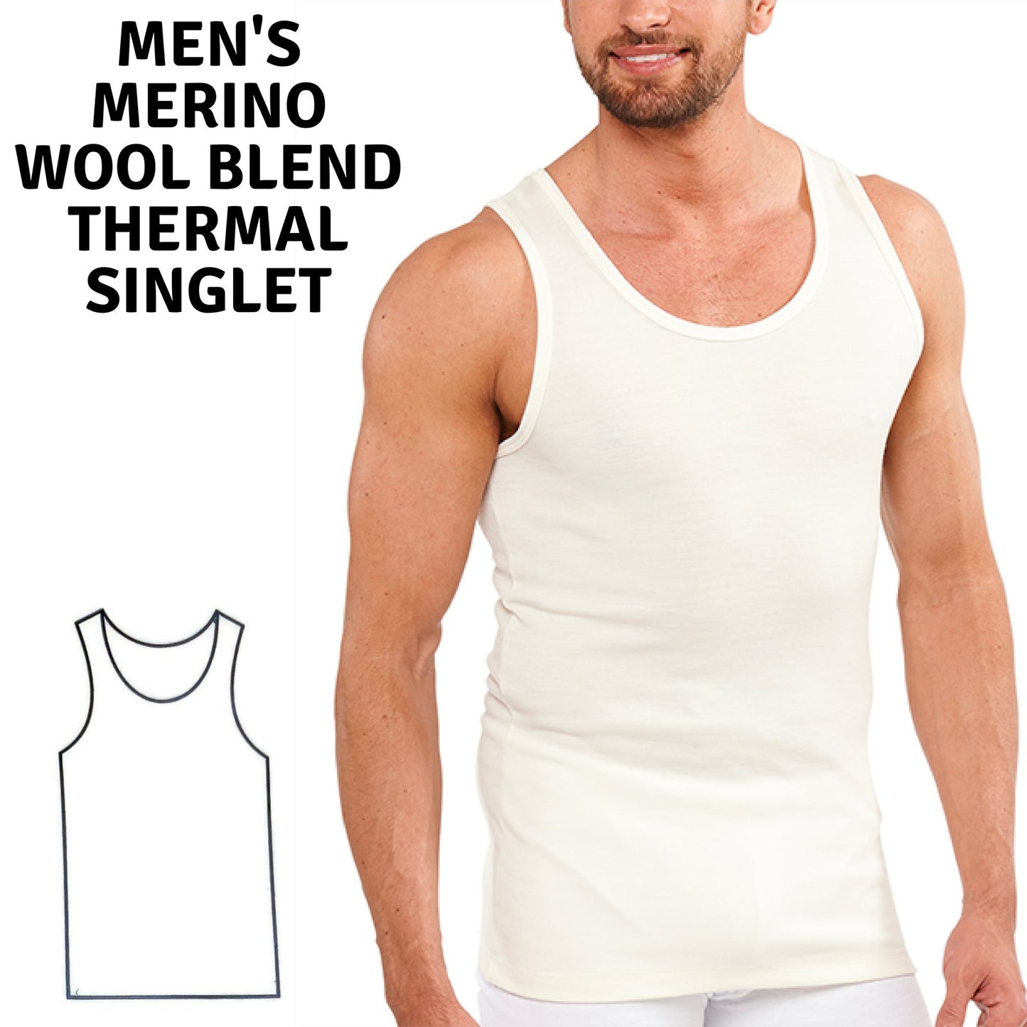 Mens THERMAL Merino Wool Blend Singlet Top Sleeveless Warm Underwear - Natural-1