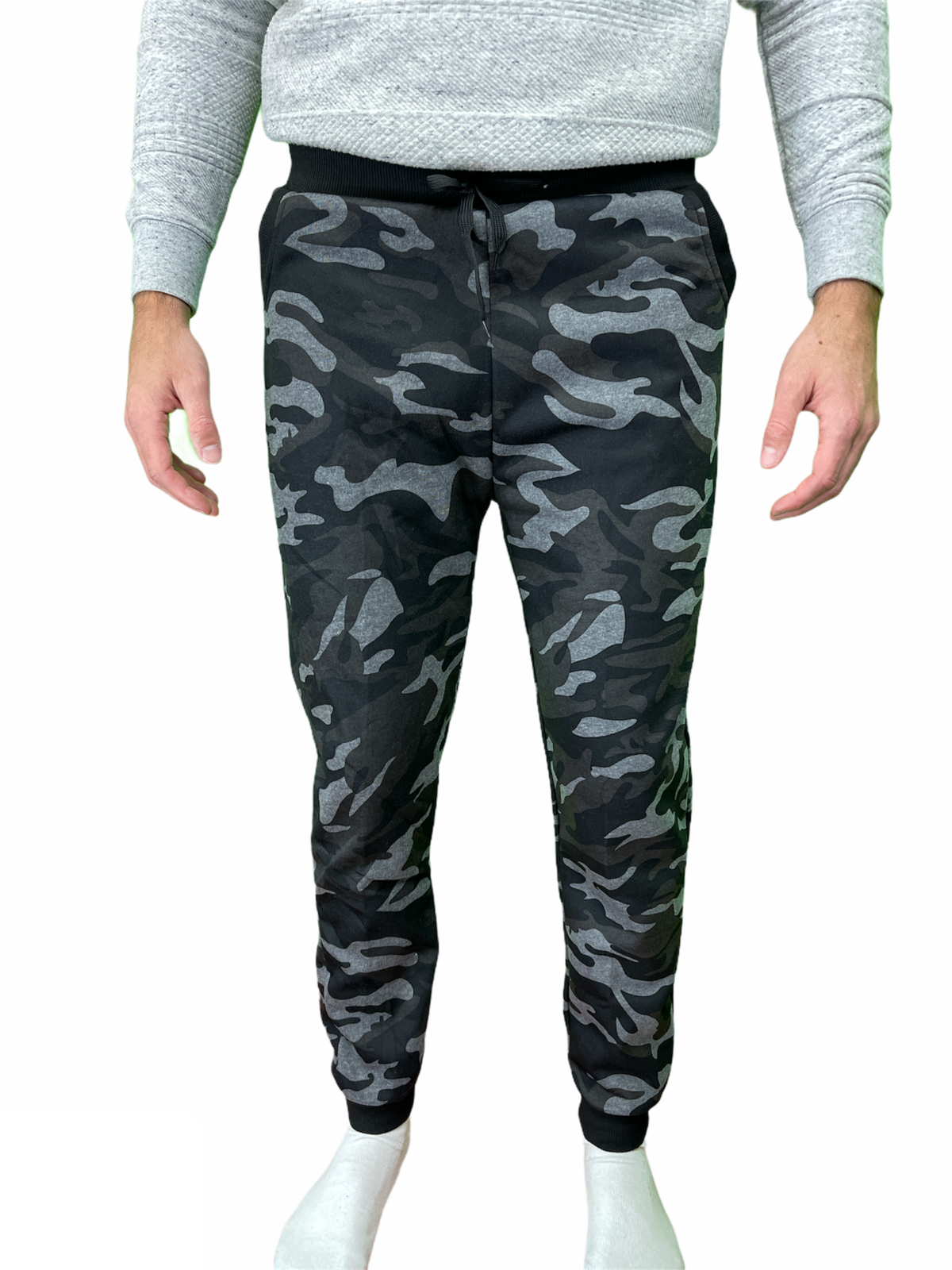 Mens Camouflage Track Pants Fleece Lined Jogger Camo Sweatpants Trackies - Black/Grey-3