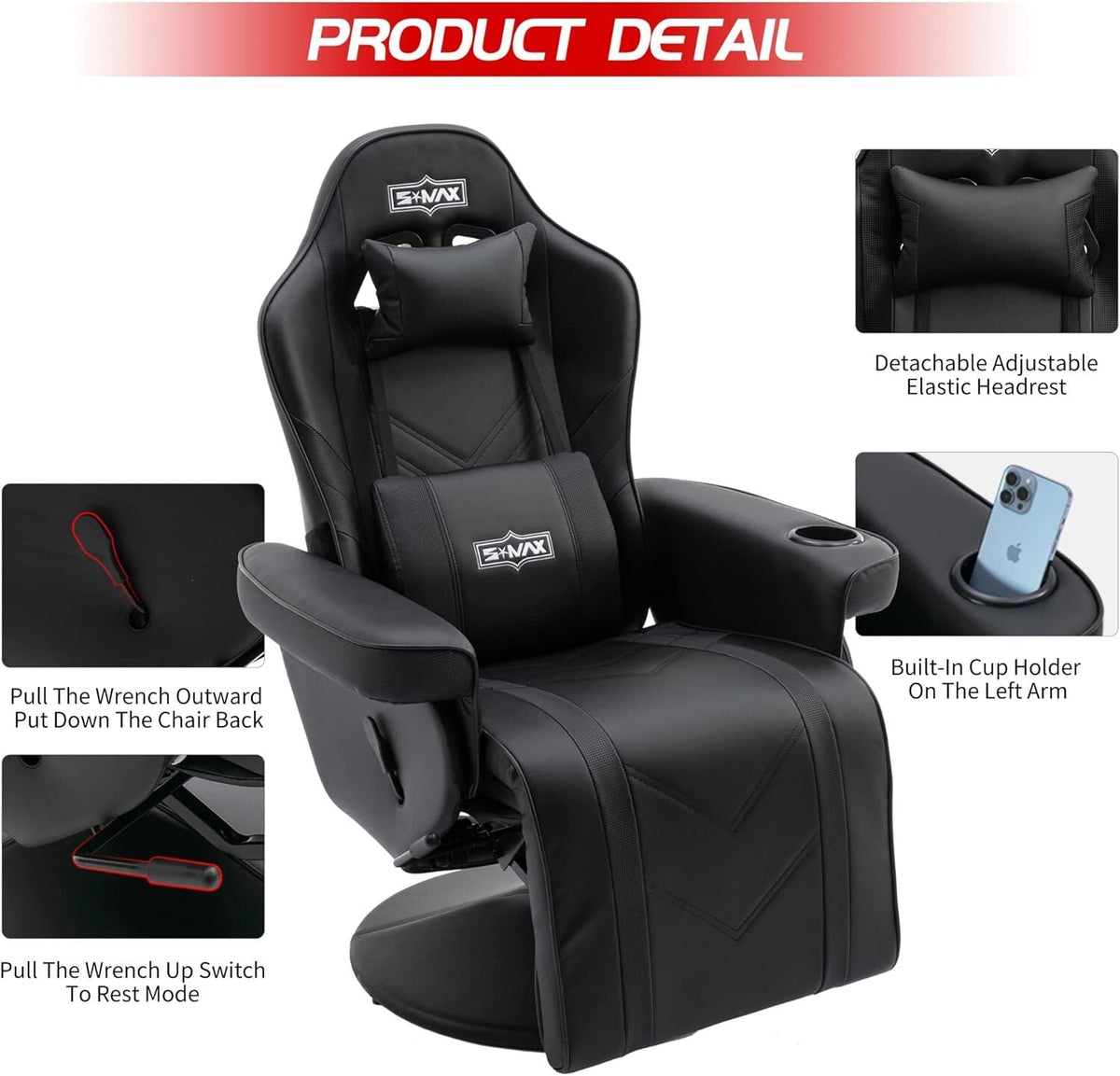 S*MAX Gaming Recliner Chair with Flip-Up Footrest in Black PU Leather – Fixed Height Swivel Base