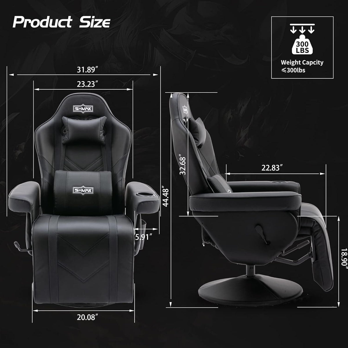 S*MAX Gaming Recliner Chair with Flip-Up Footrest in Black PU Leather – Fixed Height Swivel Base