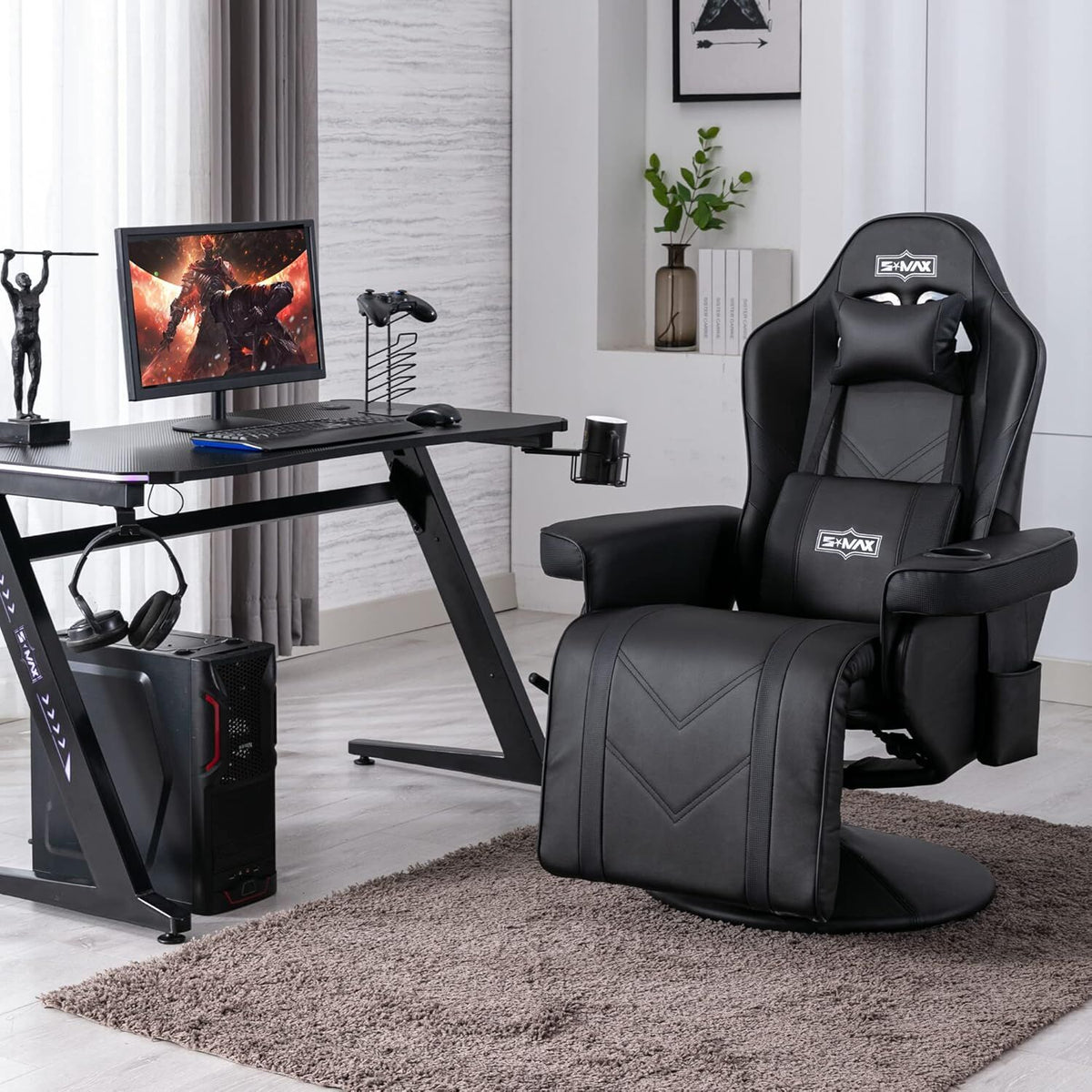 S*MAX Gaming Recliner Chair with Flip-Up Footrest in Black PU Leather – Fixed Height Swivel Base