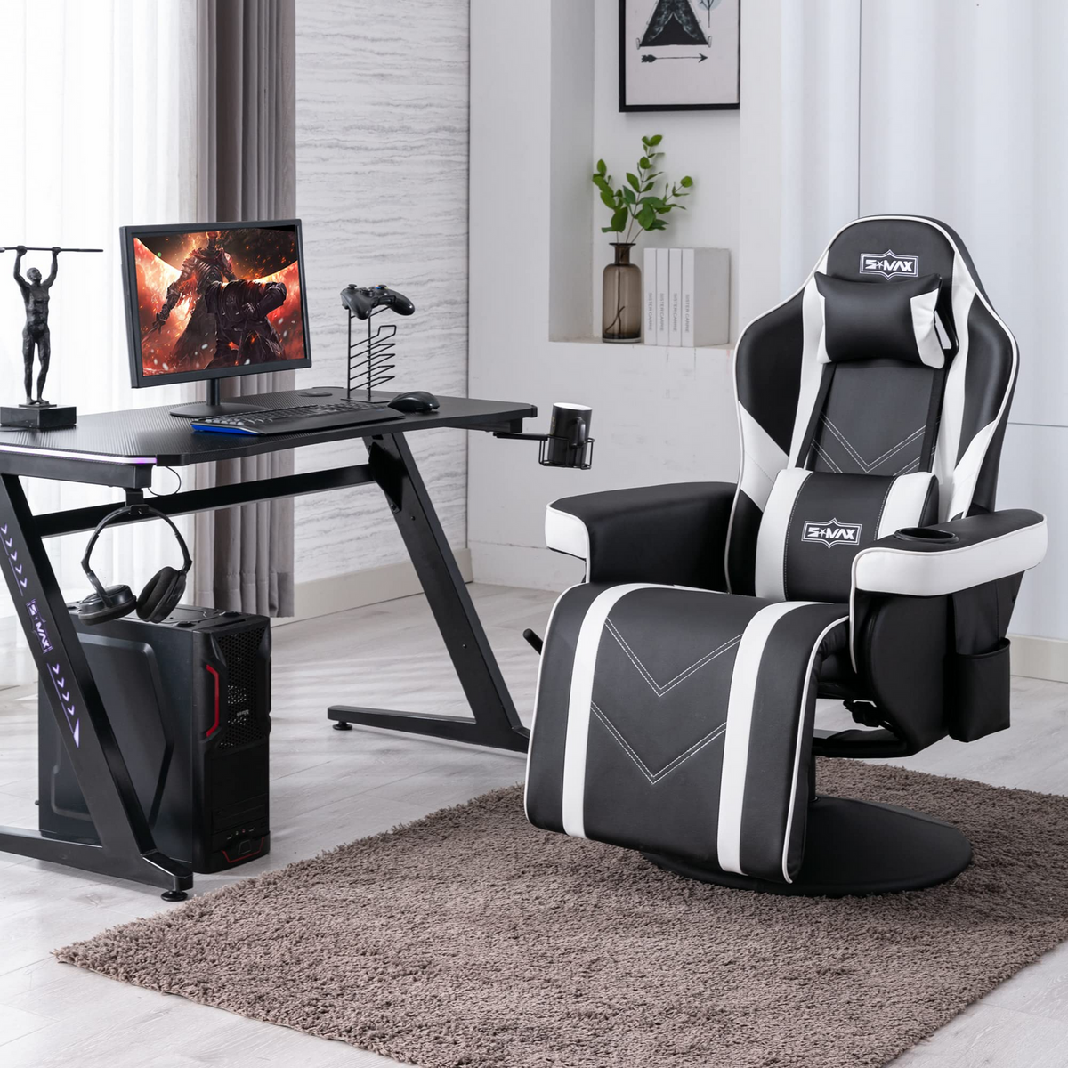 S*MAX Gaming Recliner Chair with Flip-Up Footrest in Black and White PU Leather – Gas Lift Height Adjustable