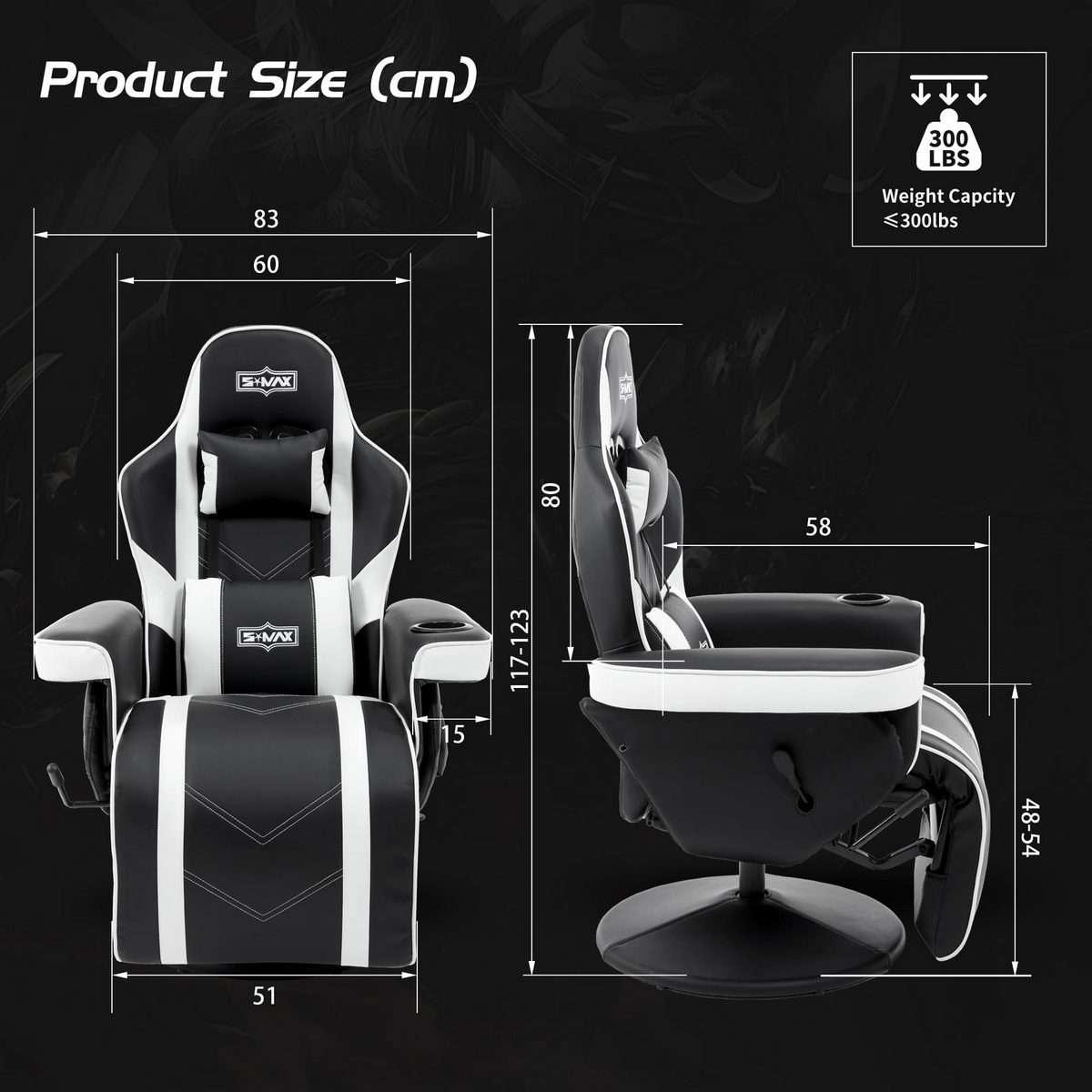 S*MAX Gaming Recliner Chair with Flip-Up Footrest in Black and White PU Leather – Gas Lift Height Adjustable