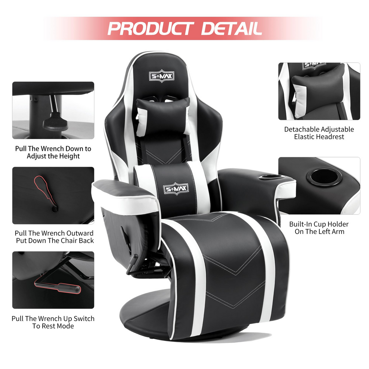 S*MAX Gaming Recliner Chair with Flip-Up Footrest in Black and White PU Leather – Gas Lift Height Adjustable