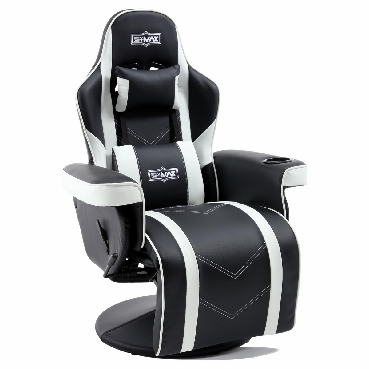 S*MAX Gaming Recliner Chair with Flip-Up Footrest in Black and White PU Leather – Gas Lift Height Adjustable