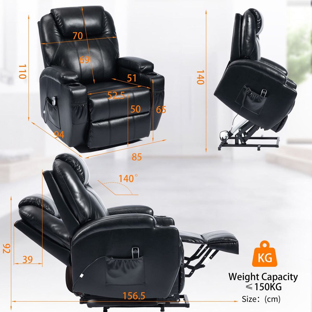 S*MAX Electric Power Lift Recliner Chair with Cup Holders, USB Charging and Remote Control in Black PU Leather