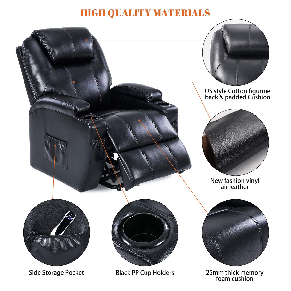 S*MAX Electric Power Lift Recliner Chair with Cup Holders, USB Charging and Remote Control in Black PU Leather