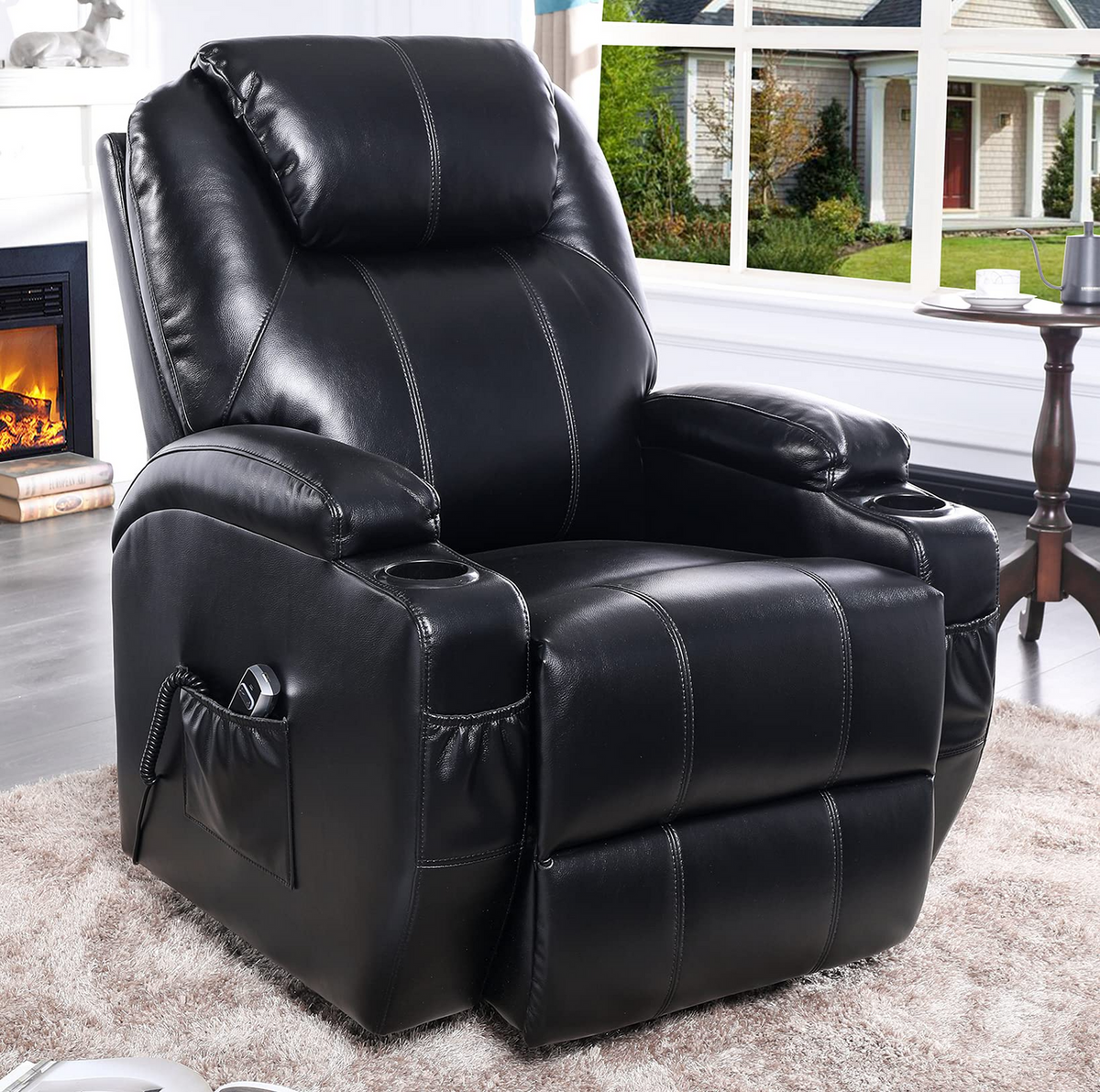 S*MAX Electric Power Lift Recliner Chair with Cup Holders, USB Charging and Remote Control in Black PU Leather