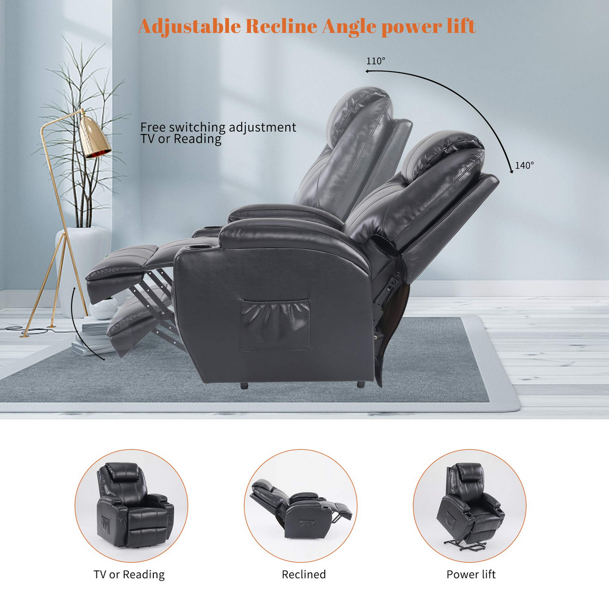 S*MAX Electric Power Lift Recliner Chair with Cup Holders, USB Charging and Remote Control in Black PU Leather