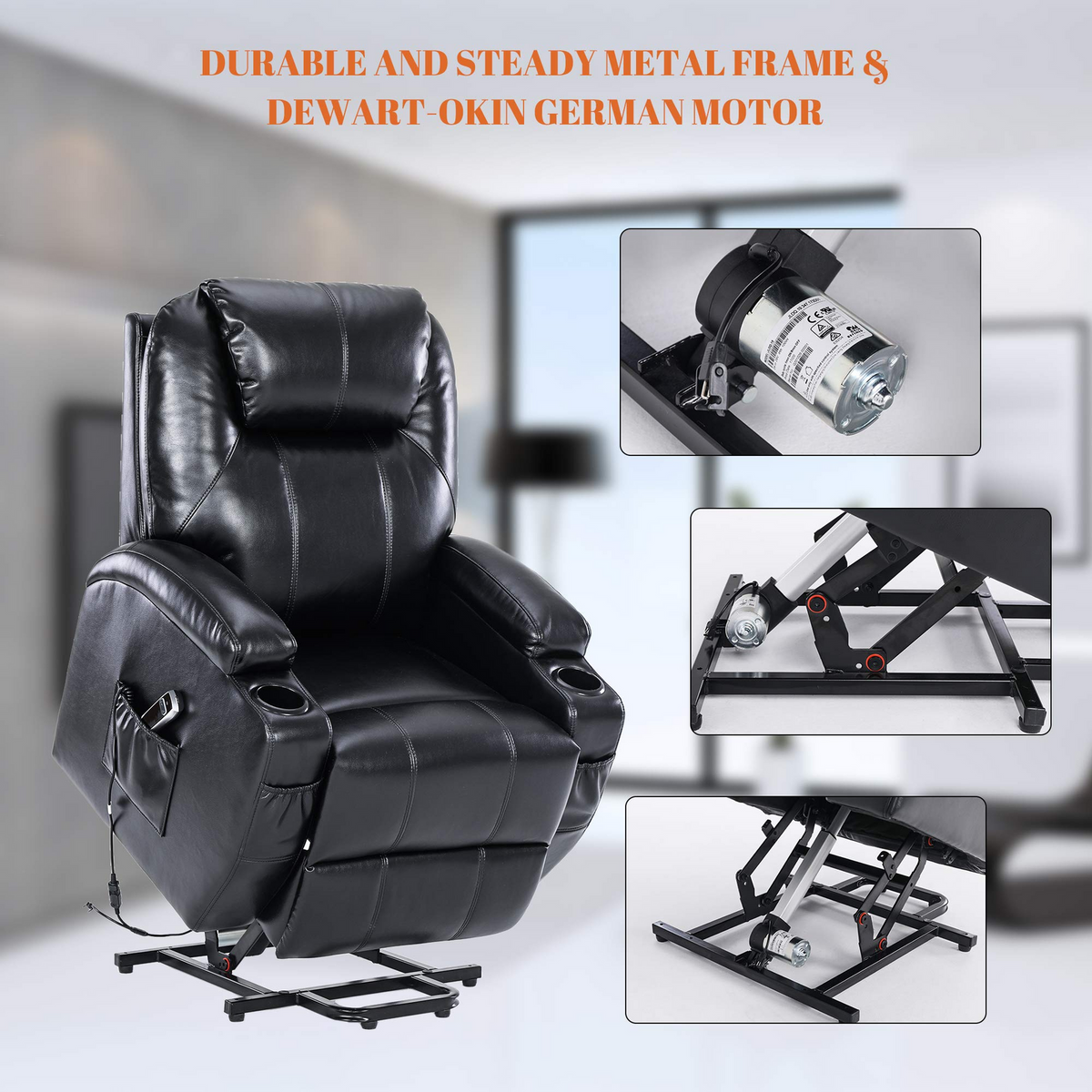 S*MAX Electric Power Lift Recliner Chair with Cup Holders, USB Charging and Remote Control in Black PU Leather