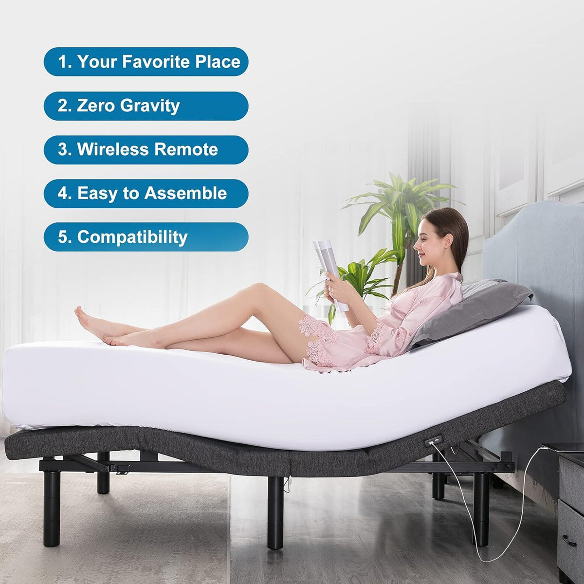 Queen Adjustable Zero Gravity Bed Frame & Memory Foam Mattress Bundle - Dual Motors, Wireless Remote & USB Ports